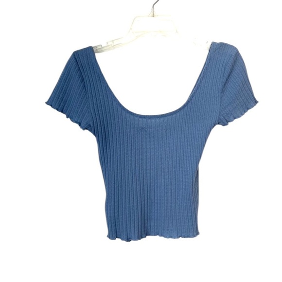 Urban Outfitters Basic Capsule Blue Ribbed Low Cut Crop Top TShirt - SZ L - Picture 3 of 8